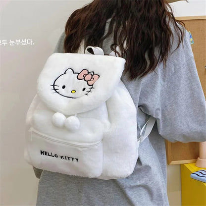 Hello Kitty Plush Backpack – Cute Fluffy Cartoon Tote & Satchel with Large Capacity