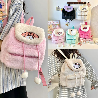 Hello Kitty Plush Backpack – Cute Fluffy Cartoon Tote & Satchel with Large Capacity