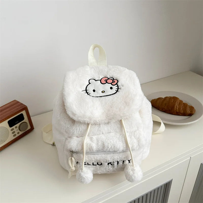 Hello Kitty Plush Backpack – Cute Fluffy Cartoon Tote & Satchel with Large Capacity