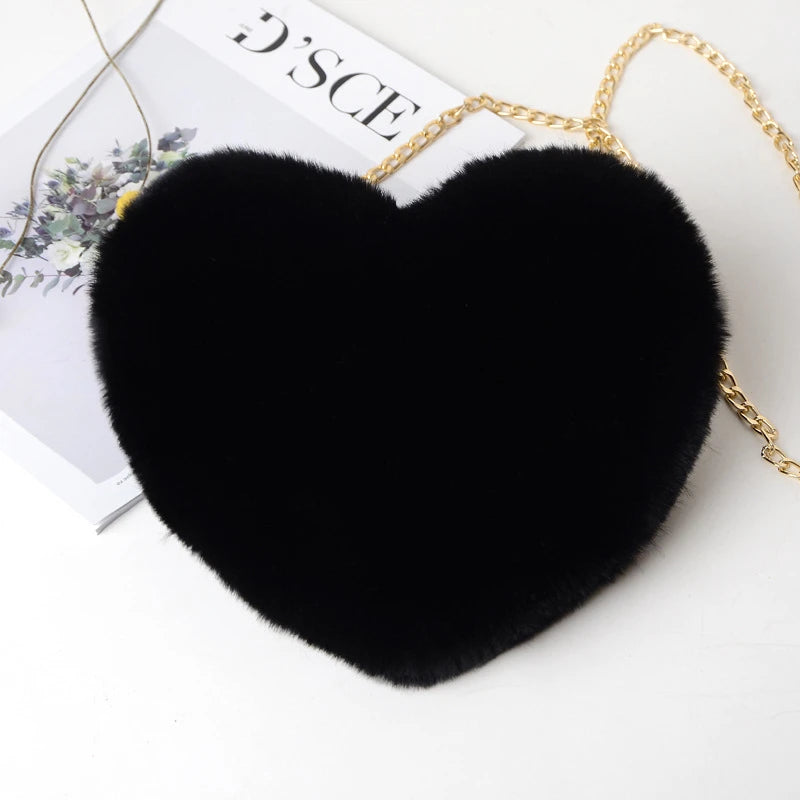 Valentine's Love: Kawaii Heart-Shaped Faux Fur Handbag – Stylish & Plush Crossbody for Women