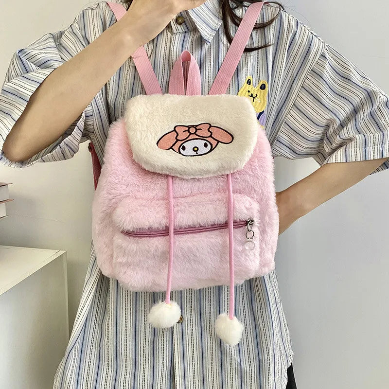 Hello Kitty Plush Backpack – Cute Fluffy Cartoon Tote & Satchel with Large Capacity