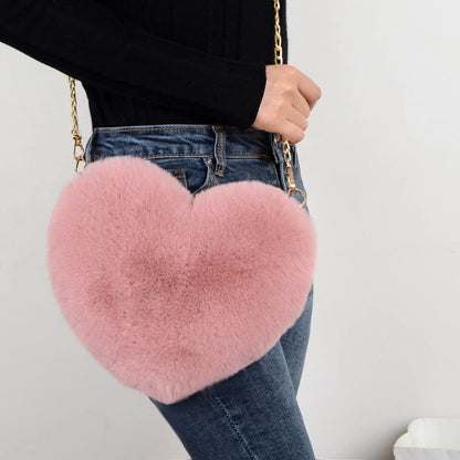 Valentine's Love: Kawaii Heart-Shaped Faux Fur Handbag – Stylish & Plush Crossbody for Women