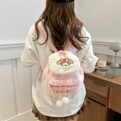 Hello Kitty Plush Backpack – Cute Fluffy Cartoon Tote & Satchel with Large Capacity