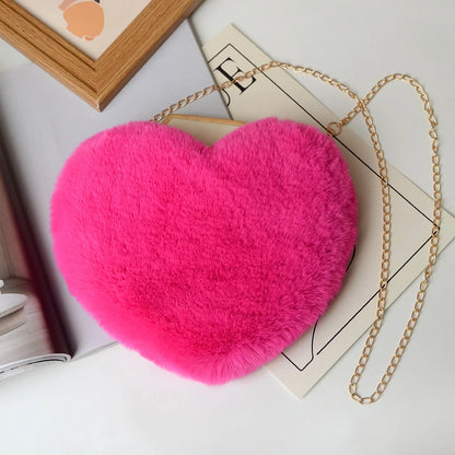 Valentine's Love: Kawaii Heart-Shaped Faux Fur Handbag – Stylish & Plush Crossbody for Women