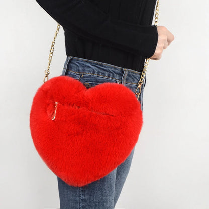 Valentine's Love: Kawaii Heart-Shaped Faux Fur Handbag – Stylish & Plush Crossbody for Women